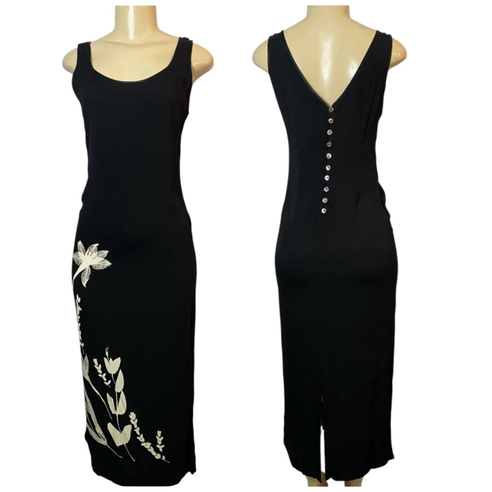 Laura Ashley Vintage Black Ivory Floral Print Maxi Dress Viscose Cottage Grunge